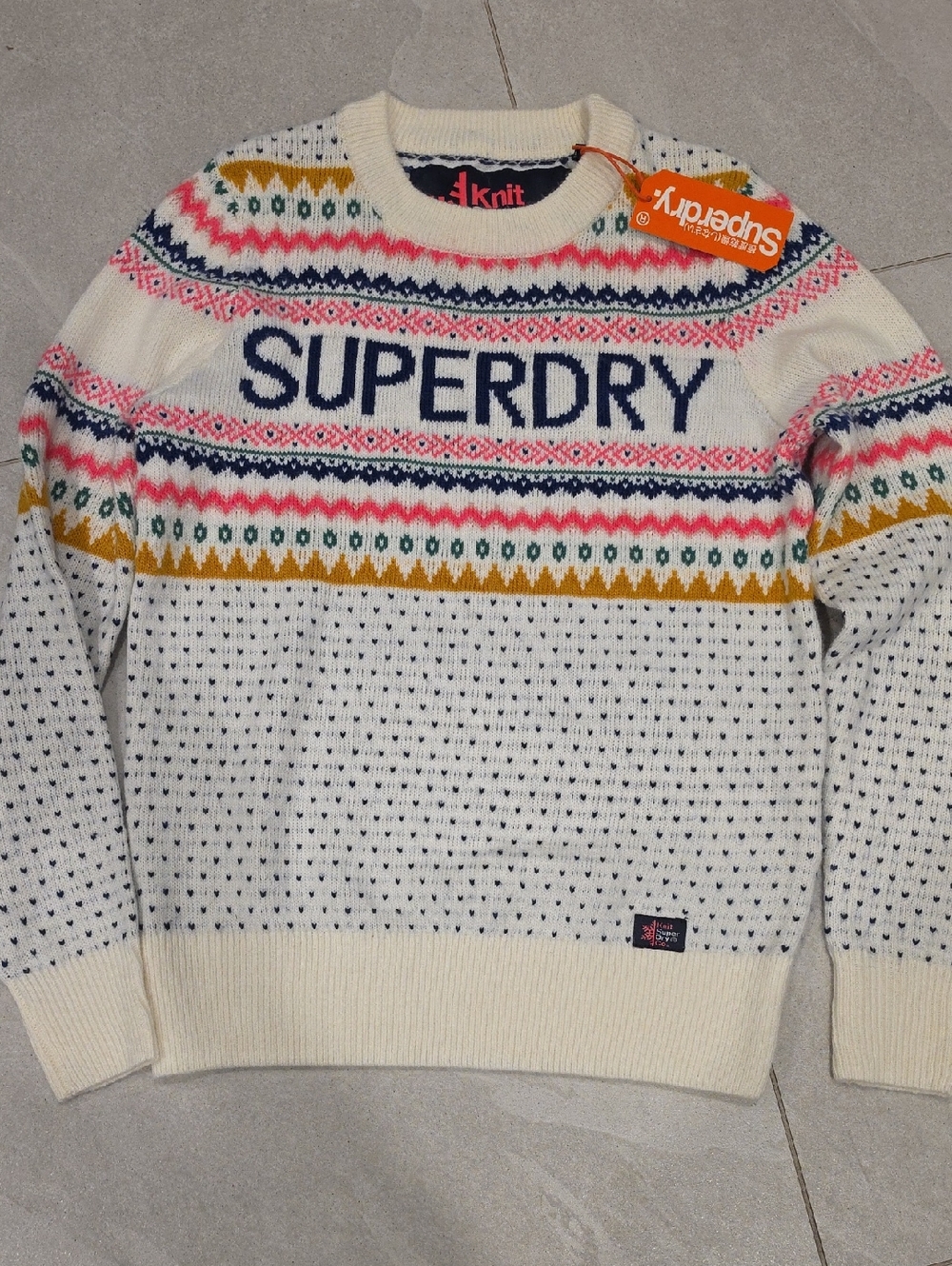 Superdry Cream Fair Isle Crewneck Sweater with Navy Logo